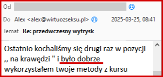 sukces kursanta w pozycji na krawędzi - udaje mu się kontrolować wytrysk