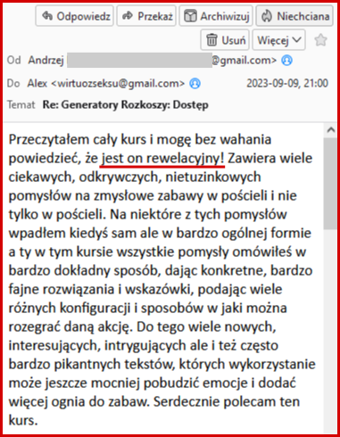 Czytelnik o kursie generatory rozkoszy - bonus - jest on rewelacyjny - lepsza kontrola wytrysku